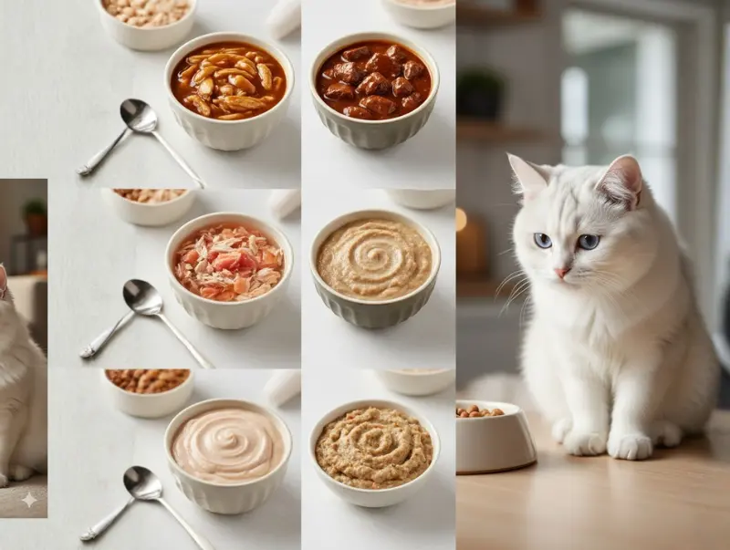A white Ragdoll cat sitting near steaming bowls of premium wet cat food including meaty chunks in gravy, smooth salmon pate, and shredded tuna in broth