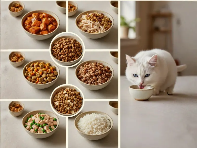 A variety of indoor cat food options including wet chunks in gravy, dry kibble, shredded chicken, and rice, alongside a white cat eating from a bowl