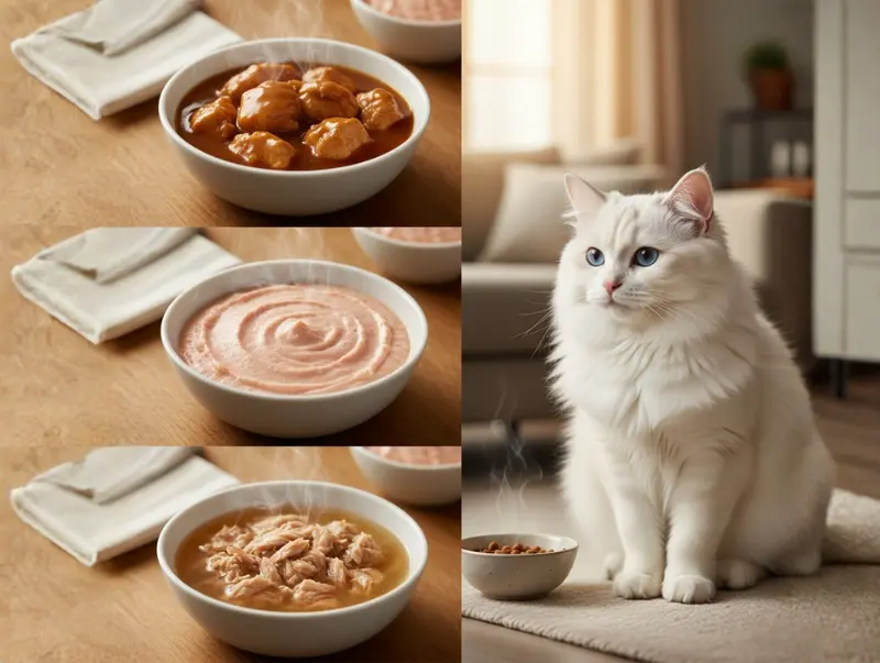 Vet-approved nutritious wet cat food varieties for indoor cats featuring gravy chunks, smooth mousse, and shredded recipes.