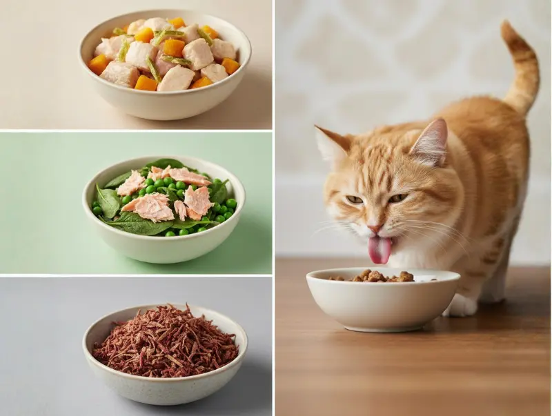 Healthy indoor cat food varieties and a ginger cat eating from a bowl
