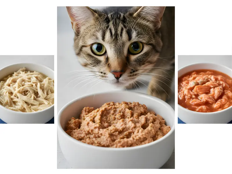 A domestic cat looking at bowls of shredded chicken and pate style wet food.