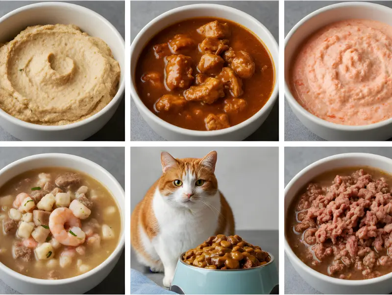 Top wet cat food choices for weight gain featuring protein-rich salmon, chicken, and shrimp recipes