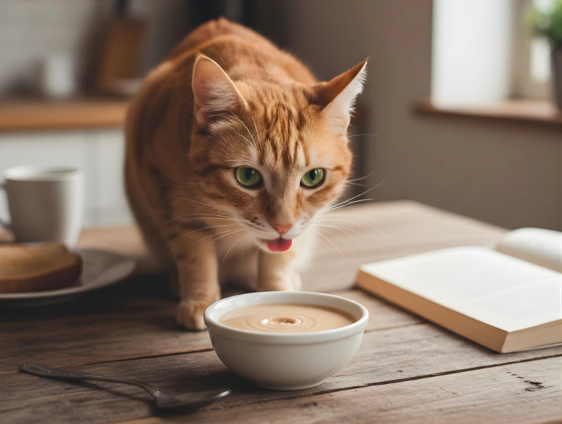 Orange ginger cat eating vitamin-enriched creamy wet cat food from a small white bowl on a table