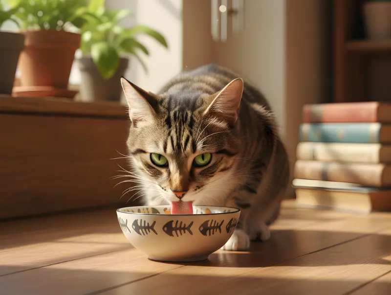 A tabby cat with green eyes eating wet cat food with gravy from a white bowl with fish bone patterns, set in a sunlit room