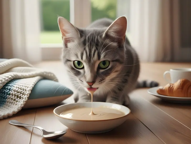 Silver tabby cat eating natural creamy wet food from a white bowl