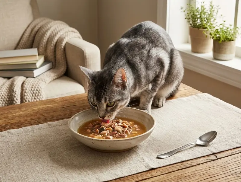 Grey cat eating chunky wet cat food with gravy for a healthy shiny coat in a rustic setting