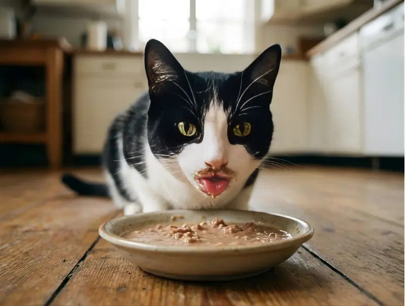 Tuxedo cat enjoying Omega-3 rich wet cat food for healthy skin and coat