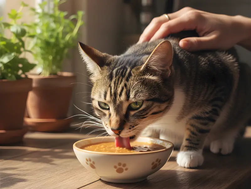 rown tabby cat enjoying premium grain-free wet cat food near indoor plants