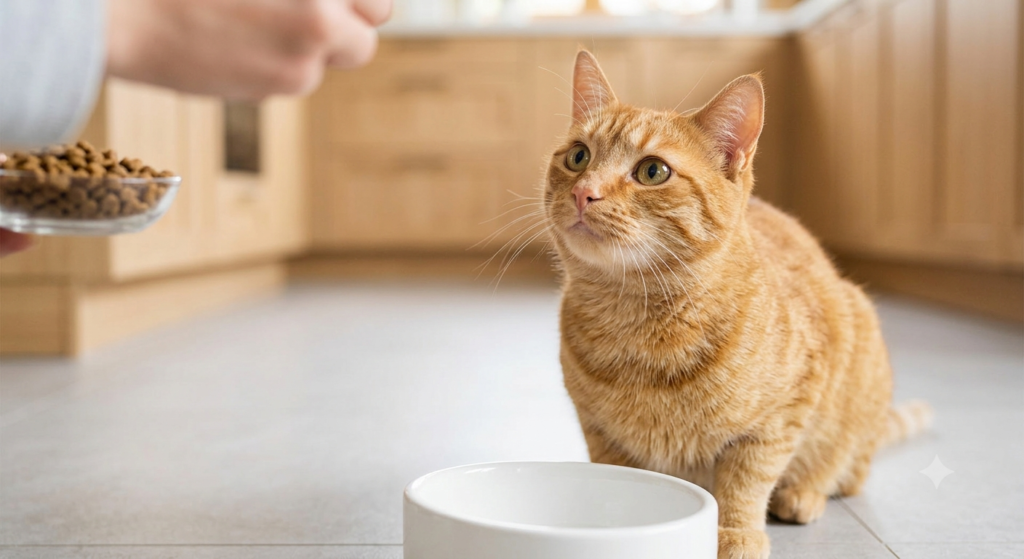 A cat waits for food